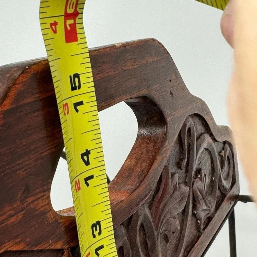 Vintage Carved Wood and Metal Wire Magazine Rack‎ Scrollwork Handle Brown